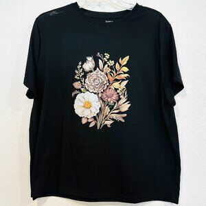 Shein Curve Womens 1XL Black Fall Tee Autumn Floral Graphics Short Sleeves EUC